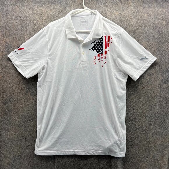 Puma Polo Shirt Men Large Adult White USA Flag SV Amphenol Microwave Golf